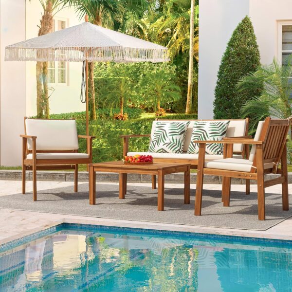 0ee837b08a8544fead02d1875984da52 Patio Furniture 4 Piece Outdoor Acacia Wood Patio Conversation Sofa Set with Table & Cushions Porch Furniture for Deck, Balcony, Backyard