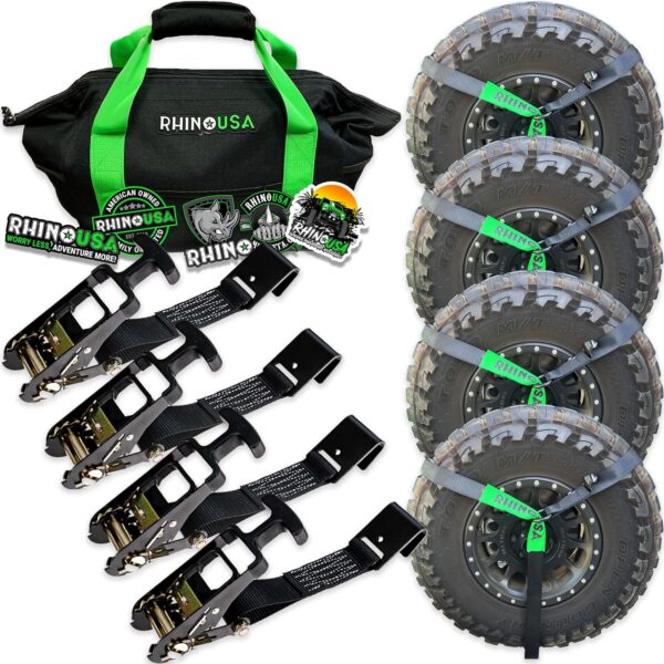 0f2b4cdf21e6457cbba62699bb754b22 Car Tie Down Straps for Trailers with Flat Hooks (4-Pack) - 2 Inch x 8 Feet (10,000lb Break Strength) - Heavy Duty T-Handle Car Lasso Tire Straps for Trailer & UTV - Black