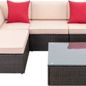 5 Pieces Patio Furniture Sets All Weather Outdoor Sectional Patio Sofa Manual Weaving Wicker Rattan Patio Seating Sofas with Cushion and Glass Table(Beige)