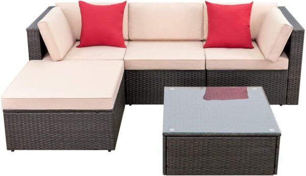 1069d85f65c44fbdb50b05aea8363ac6 5 Pieces Patio Furniture Sets All Weather Outdoor Sectional Patio Sofa Manual Weaving Wicker Rattan Patio Seating Sofas with Cushion and Glass Table(Beige)