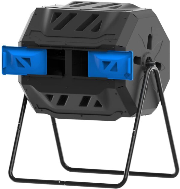 10798df8952045369b8e6823fd996286 Large Compost Tumbler Bin Dual Compartment Better AirCirculation Efficient Compost BPA Free Sturdy Steel Frame 43Gallon (2 21.5Gal) Blue Door