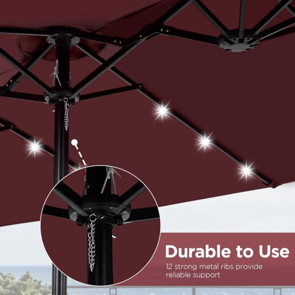 10ab98de7aa54615b112fca691cff33e 15 ft Large Patio Umbrella with Solar Lights Double-Sided Outdoor Rectangle Market Umbrellas with 36 LED Lights/Base Included/Easy Crank for Patio Garden Yard Pool Lawn, Brown
