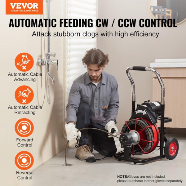 10bbeff416b848a2a1bbe0cf2046d68c VEVOR Drain Cleaner Machine 100FT x 1/2 Inch, Auto Feed Sewer Snake Auger on Wheels, 550W Portable Drain Cleaning Machine with 8 Cutters & Air-activated Foot Switch for 2" to 4" Pipes