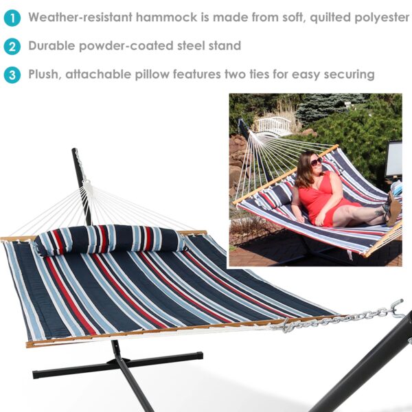 Sunnydaze 2-Person Freestanding Quilted Fabric Hammock with 15' Stand - Nautical Stripe