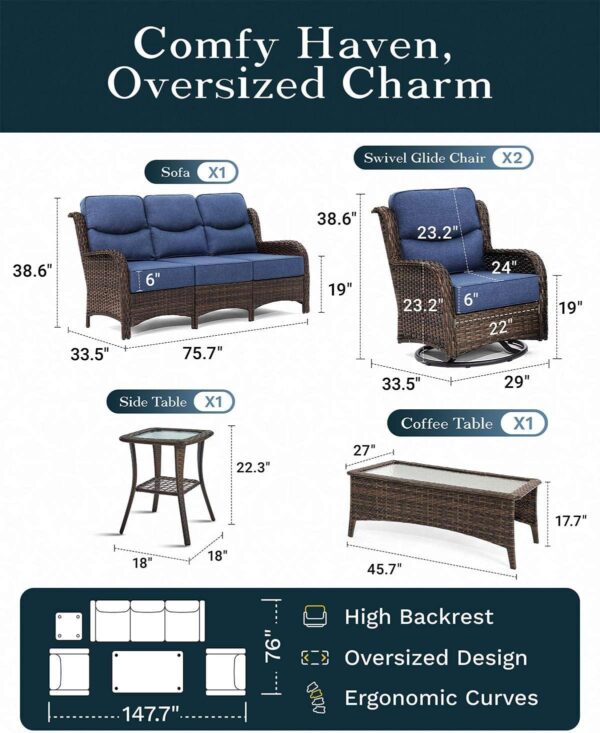 11739339b3fe43229fddf2ebcbee6d3e Outdoor Swivel Rocker Patio Chairs with 6-Inch Thick Cushions and Side Table, 3PCS High Back Wicker Patio Furniture Set for Porch, Balcony, Deck and Yard in Blue