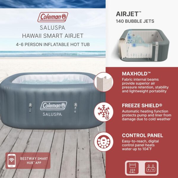 1245a3f8d03b4de18b6457f93eb9f131 4 to 6 Person Inflatable Hot Tub Square Portable Outdoor Spa with 114 Soothing AirJets and Insulated Cover, Gray-Coleman