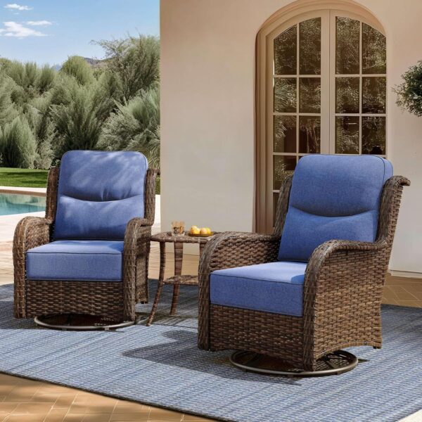 13898aca953243e49c64bef842be723b Outdoor Swivel Rocker Patio Chairs with 6-Inch Thick Cushions and Side Table, 3PCS High Back Wicker Patio Furniture Set for Porch, Balcony, Deck and Yard in Blue
