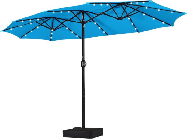 1414960fbd814640a30a48a9d4ed058b 15 ft Large Patio Umbrella with Solar Lights Double-Sided Outdoor Rectangle Market Umbrellas with 36 LED Lights/Base Included/Easy Crank for Patio Garden Yard Pool Lawn, Brown