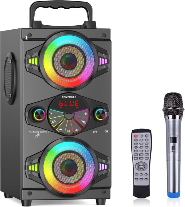144584ee22d6487baa6ef1c8b6bf0798 Speakers, 60W Portable Wireless Loud Outdoor Home Party Bluetooth Speaker with Subwoofer, FM Radio, LED Colorful Lights, Microphone, Remote and Big Powerful Stereo Deep Bass Sound Boombox