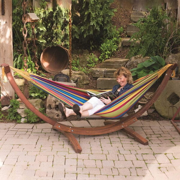 1559d452e2fa4767aa71960efc2c6734 Vivere Double Cotton Hammock with Solid Pine Stand- Tropical