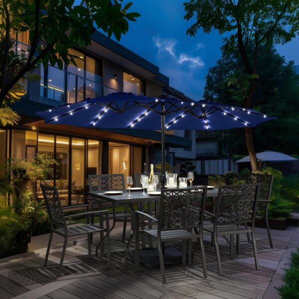 158bce35758d4724a5ce3d49415afefc 15 ft Large Patio Umbrella with Solar Lights Double-Sided Outdoor Rectangle Market Umbrellas with 36 LED Lights/Base Included/Easy Crank for Patio Garden Yard Pool Lawn, Brown