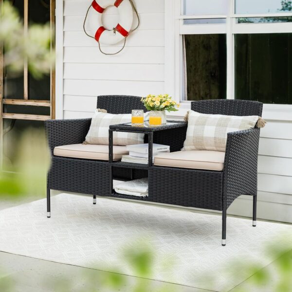 15c66a0ad0004104b23e68da03f08626 Outdoor Furniture Patio Loveseat Wicker 2-Seat with Built-in Table and Cushions Rattan Porch Chairs Bench for Balcony, Lawn, Backyard (Beige)