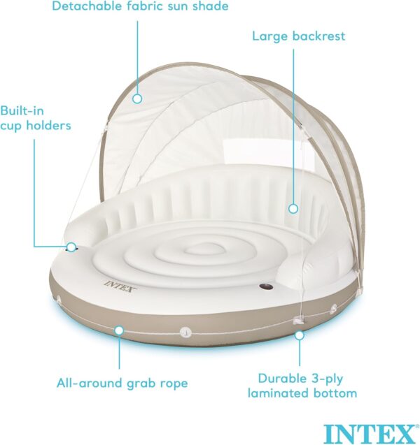 58292EP Canopy Island Inflatable Pool Float: Comfortable Lounge Surface – Built-in Cup Holders – Detachable Sunshade – 440lb Max Weight Capacity – 78.5" x 59"