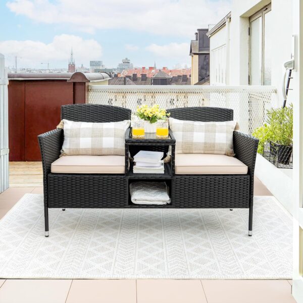 165dd7499f124a448b2ee89eef48b500 Outdoor Furniture Patio Loveseat Wicker 2-Seat with Built-in Table and Cushions Rattan Porch Chairs Bench for Balcony, Lawn, Backyard (Beige)