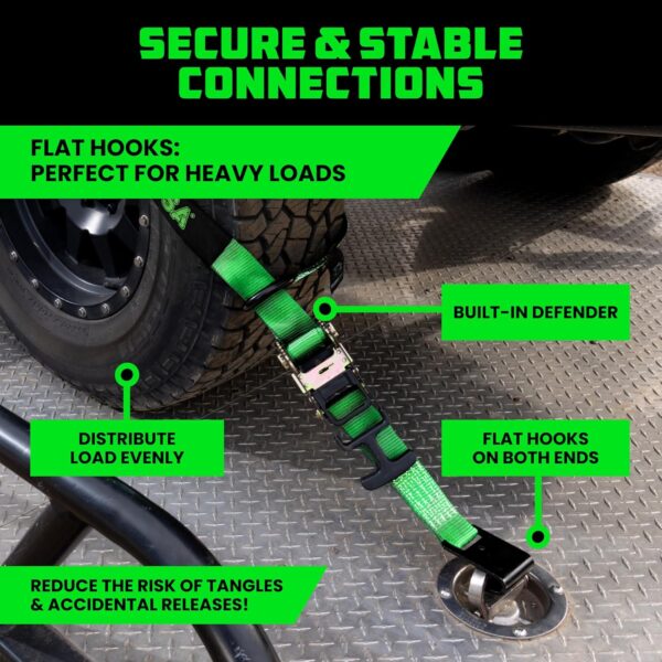 168f014a57844a96823c02a8044734a4 Car Tie Down Straps for Trailers with Flat Hooks (4-Pack) - 2 Inch x 8 Feet (10,000lb Break Strength) - Heavy Duty T-Handle Car Lasso Tire Straps for Trailer & UTV - Black