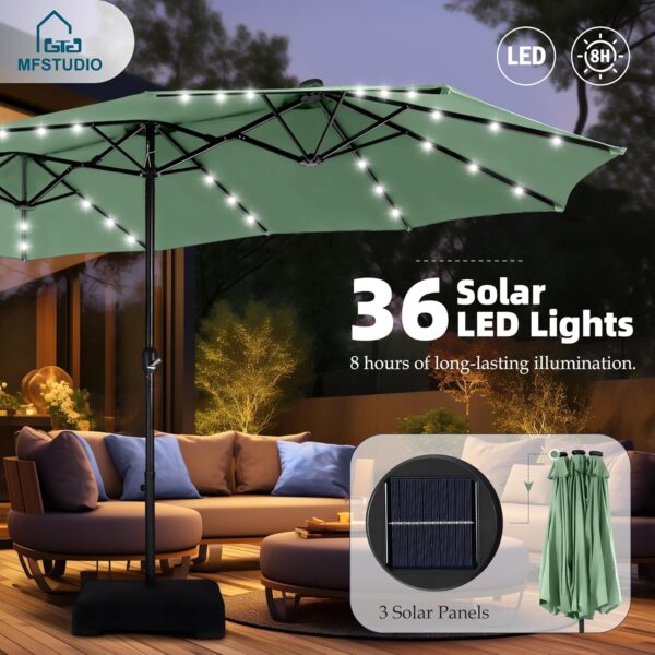 16d749284c8f404d8e540cc13578aad2 15ft Double Sided Patio Umbrella with Solar Lights, Outdoor Large Umbrellas with Crank Handle and 36 LED Lights, Rectangular Market Umbrella with Base Included for Deck Pool Shade