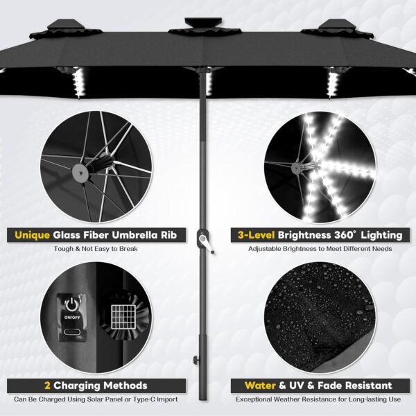 171d24dcae424525a8dc6a54b7add21c 15ft Patio Umbrella with Solar Lights, Large Double Umbrella Outdoor, Rectangle 180''x106'' Umbrellas with 156 PCS LED Lights and Crank Handle for Backyard Deck Pool Shade in Black(1.9" Pole)