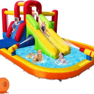 Bounce House Inflatable Water Slide for Kids, Water Park With Splash Pool, Double Cannon, 2 Climbing Walls, Obstacles, Blow Up Jumping Castle With Blower