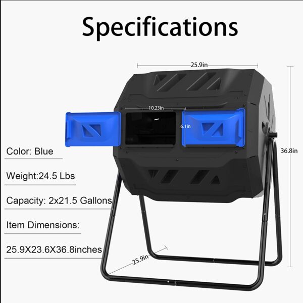 174f7fdae89d4d1bb8f7853c613f0808 Large Compost Tumbler Bin Dual Compartment Better AirCirculation Efficient Compost BPA Free Sturdy Steel Frame 43Gallon (2 21.5Gal) Blue Door
