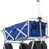 All Terrain Beach Wagon with Side Table|Heavy Duty Collapsible Folding Cart with Large Wheels for Beach Day, Picnic, Camping, Outdoor Activities | Blue/White