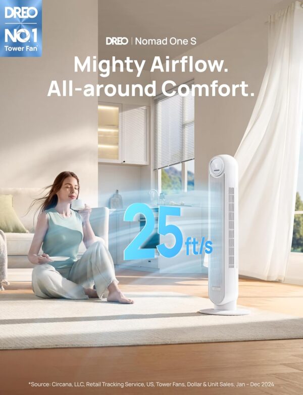 1928efbc3d58450c9dbcfe8c4aaf8d13 Dreo Tower Fan for Bedroom, 25ft/s Smart Standing Fans, 90° Oscillating Floor Fan with 4 Modes, 4 Speeds, 8H Timer, 28dB, Bladeless, Remote, 28 dB, Works with WiFi Voice Control