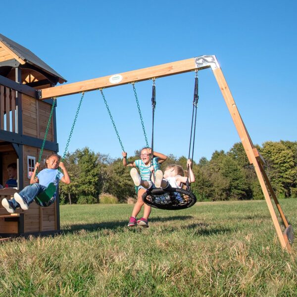 196c64bfe3d541cabf13acece6afd0ea Backyard Discovery Canyon Creek Cedar Wood Swing Set with Wave Slide, Clubhouse, Play Kitchen, Picnic Area, Belt Swings, Web Swing, Rock Wall, Balconies, Playhouse, Step Ladder, Outdoor Playset