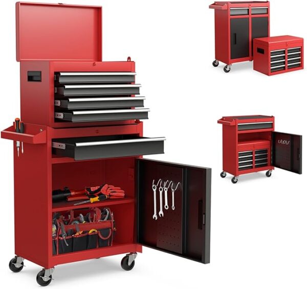 197942c3293d48d18016225785efaff5 toolbox, 5-drawer toolbox organizer with lockable wheels and sliding drawers, removable top and adjustable shelves, garage workshop tool storage cabinet