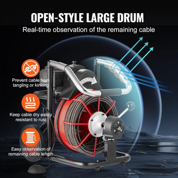 19bc65cbb3804a96ba229942f3959c1b VEVOR Drain Cleaner Machine 100FT x 1/2 Inch, Auto Feed Sewer Snake Auger on Wheels, 550W Portable Drain Cleaning Machine with 8 Cutters & Air-activated Foot Switch for 2" to 4" Pipes