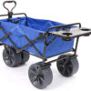 All Terrain Beach Wagon with Side Table|Heavy Duty Collapsible Folding Cart with Large Wheels for Beach Day, Picnic, Camping, Outdoor Activities | Blue/White