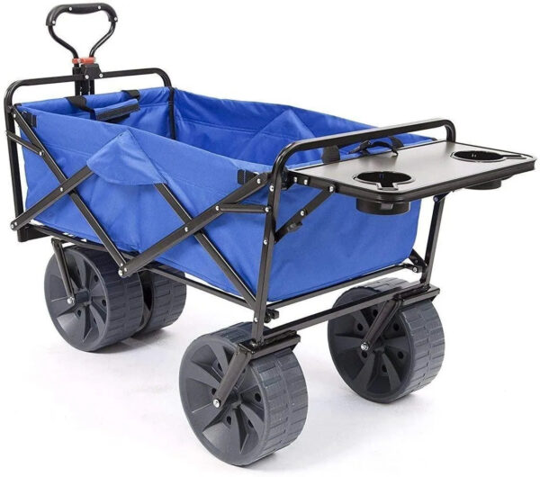 19d1ca55f367455bbbd2cbd57d6a0621 All Terrain Beach Wagon with Side Table|Heavy Duty Collapsible Folding Cart with Large Wheels for Beach Day, Picnic, Camping, Outdoor Activities | Blue/White