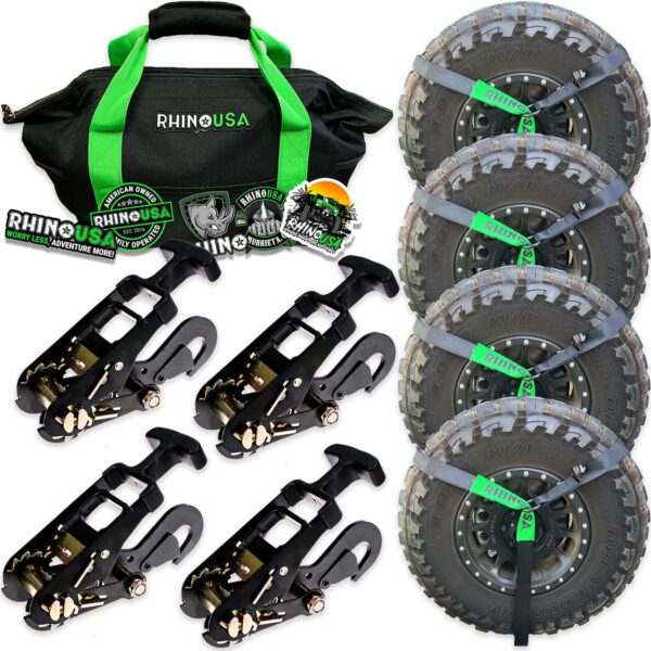 1a1e60cd457e4a73b99f7713b3688277 Car Tie Down Straps for Trailers with Flat Hooks (4-Pack) - 2 Inch x 8 Feet (10,000lb Break Strength) - Heavy Duty T-Handle Car Lasso Tire Straps for Trailer & UTV - Black