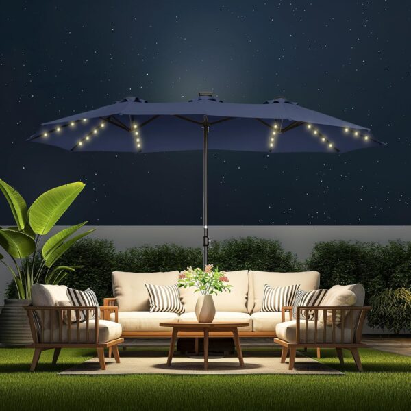 1bf7bbe8af25431188007826cc1465be Double Sided Patio Umbrellas - 15ft Solar Lights LED Lighted Outdoor Extra Large Market Table Umbrella with Base Included, Oversized Umbrella for Deck, Pool, Backyard (Beige)