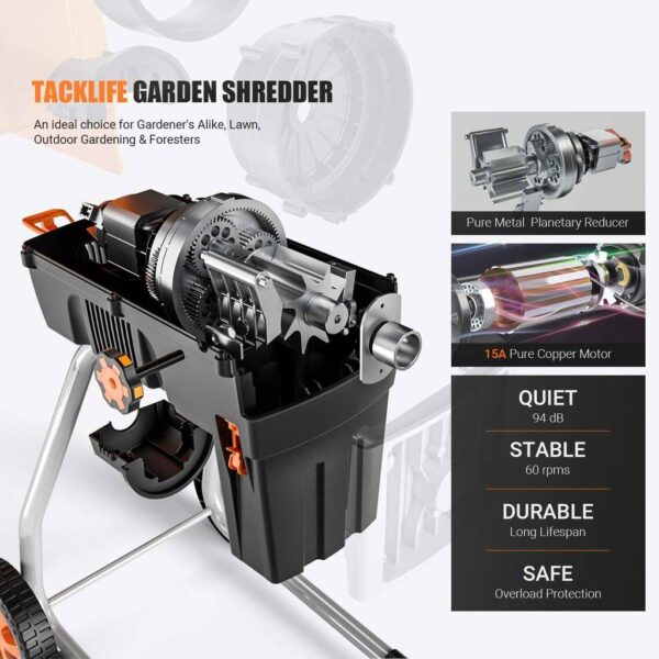 Wood Chipper, 15-Amp Garden Shredder, 60L Collection Bag - Tkws01a