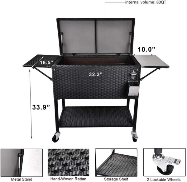 1c01cce0d13f4f4d934dc32306450235 80 Quart Rattan Rolling Cooler Cart, Portable Wicker Cooler Trolley, Backyard Party Drink Beverage Bar