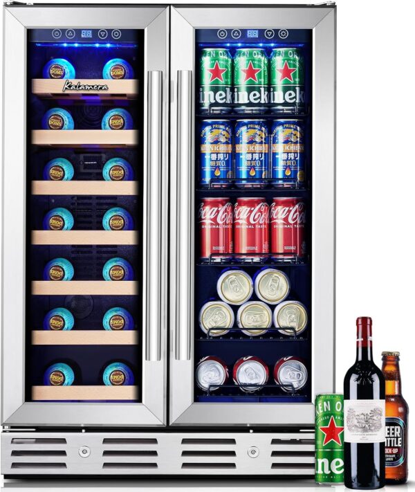 1c2ca9a7363f45fbbe303a7f26951ef9 24 inch Wine Cooler, 46 Bottle - Dual Zone Built-in or Freestanding Fridge with Stainless Steel Reversible Glass Door, for Home, Kitchen, or Office.