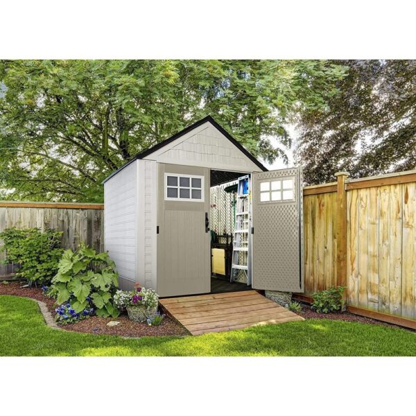 1c5d58c0c5054245ae9d444dc0e4294c Rubbermaid 7×7 Ft Durable Weather Resistant Resin Outdoor Garden Storage Shed with Windows and Utility Hooks, Sand