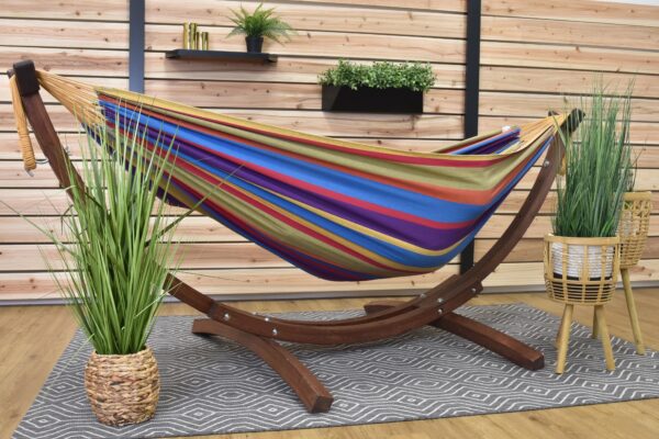 1c6fea4d49384a428c158ba133f19796 Vivere Double Cotton Hammock with Solid Pine Stand- Tropical