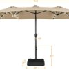 15 ft Large Patio Umbrella with Solar Lights Double-Sided Outdoor Rectangle Market Umbrellas with 36 LED Lights/Base Included/Easy Crank for Patio Garden Yard Pool Lawn, Brown