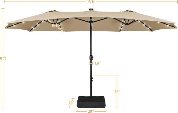 1c8d37717523450cb2cd92a83b4cece3 15 ft Large Patio Umbrella with Solar Lights Double-Sided Outdoor Rectangle Market Umbrellas with 36 LED Lights/Base Included/Easy Crank for Patio Garden Yard Pool Lawn, Brown