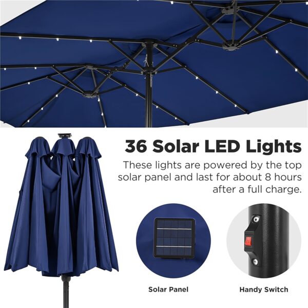 1cd2a08d1a46465db69c2fe6450033c0 15 ft Large Patio Umbrella with Solar Lights Double-Sided Outdoor Rectangle Market Umbrellas with 36 LED Lights/Base Included/Easy Crank for Patio Garden Yard Pool Lawn, Brown