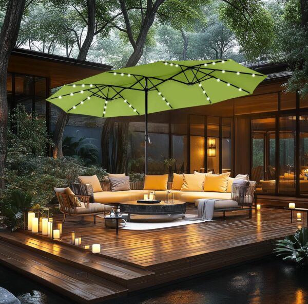 1d596b4c6a8e456fb6846177964abab7 15ft Double Sided Patio Umbrella with Solar Lights, Outdoor Large Umbrellas with Crank Handle and 36 LED Lights, Rectangular Market Umbrella with Base Included for Deck Pool Shade