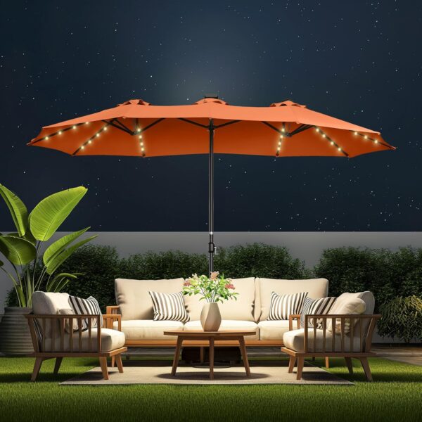 1d75e248901e4f48b04f9c7d41bf9c11 Double Sided Patio Umbrellas - 15ft Solar Lights LED Lighted Outdoor Extra Large Market Table Umbrella with Base Included, Oversized Umbrella for Deck, Pool, Backyard (Beige)
