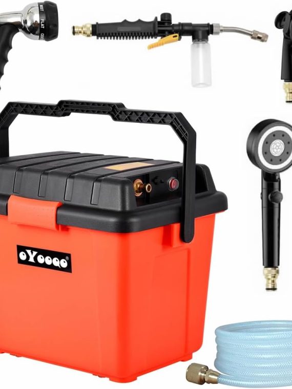 1e0e30f4a9a441239f9b7b0daa29901e Portable Outdoor Shower System, 6.6-Gallon, High Pressure, Battery Powered, 12000mAh, with Pump & Garden Hose Nozzles, Ideal for Camping