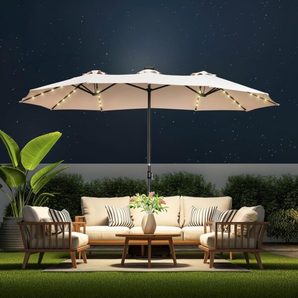 1e2f6e8ed671455588943ac5d6c9531d Double Sided Patio Umbrellas - 15ft Solar Lights LED Lighted Outdoor Extra Large Market Table Umbrella with Base Included, Oversized Umbrella for Deck, Pool, Backyard (Beige)