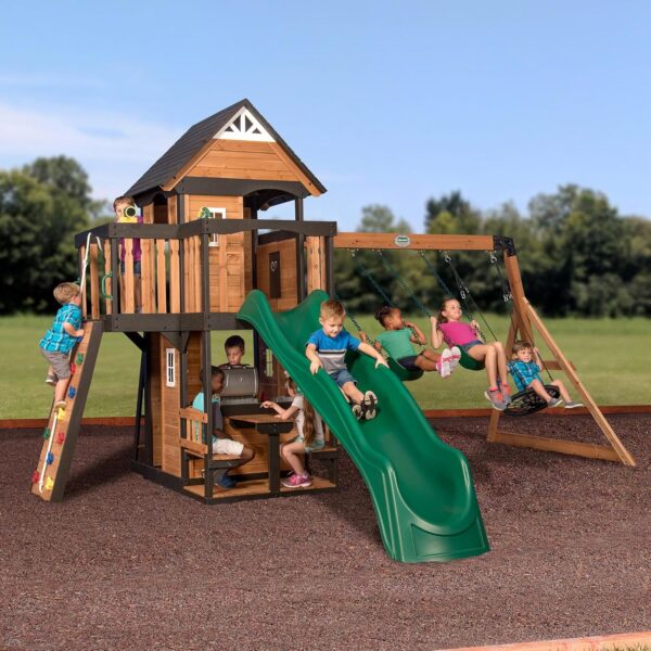 1e63a6cc91a94633a3bd823429d9e2a6 Backyard Discovery Canyon Creek Cedar Wood Swing Set with Wave Slide, Clubhouse, Play Kitchen, Picnic Area, Belt Swings, Web Swing, Rock Wall, Balconies, Playhouse, Step Ladder, Outdoor Playset