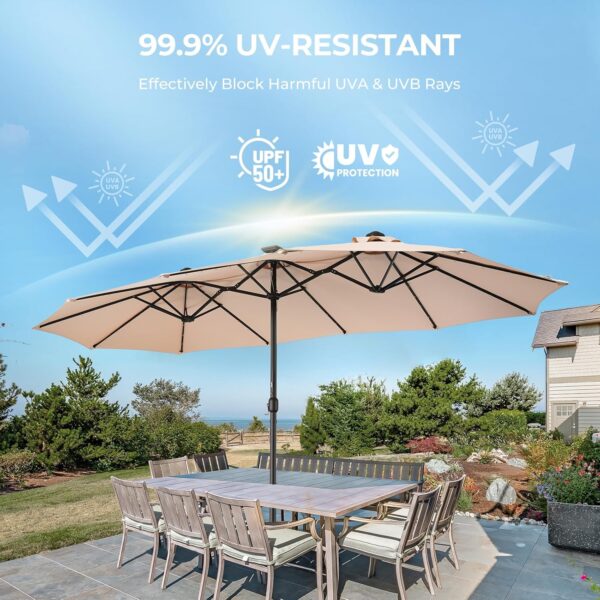 1eff48261107484da05c19eb4b897f36 Double Sided Patio Umbrellas - 15ft Solar Lights LED Lighted Outdoor Extra Large Market Table Umbrella with Base Included, Oversized Umbrella for Deck, Pool, Backyard (Beige)