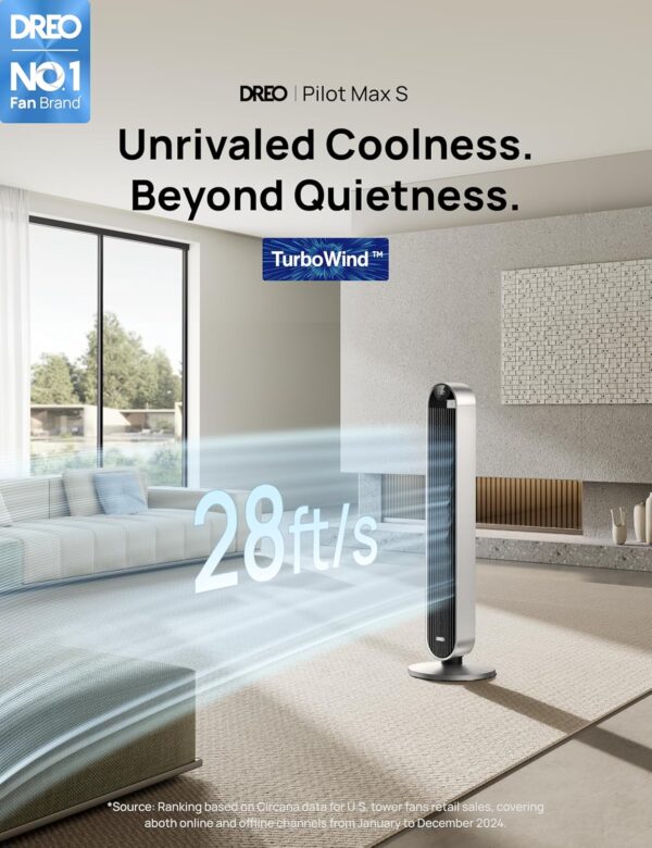 1f88b8279c044d8e95cacff8766d1bee Dreo Tower Fan for Bedroom, 42 Inch 120° Oscillating Fan, 25dB Quiet DC Motor, 28ft/s Velocity Bladeless Standing Fan with 12 Speeds, 4 Modes, 12H Timer Cooling Fans for Home, Living Room, Pilot Max S