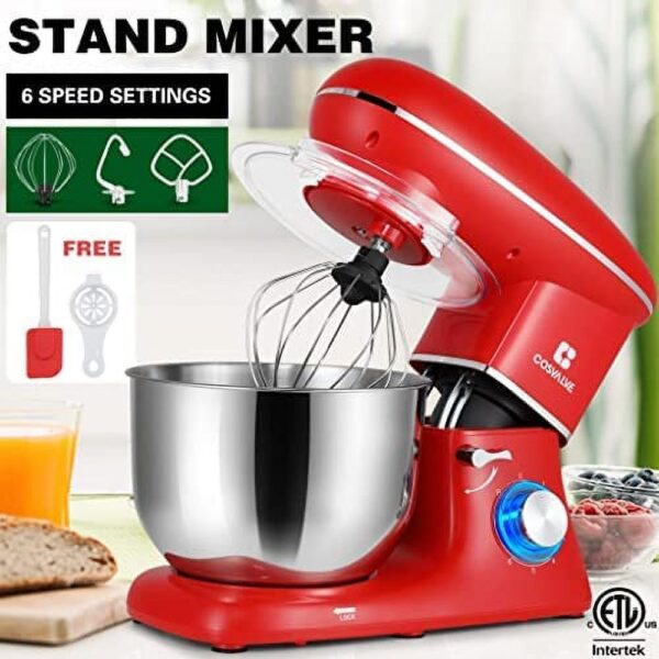 Stand Mixer, 6-Speed Electric Mixer, Tilt-Head Food Mixer with Dough Hook, Wire Whip & Beater, 6.2QT Stainless Steel Bowl, Red