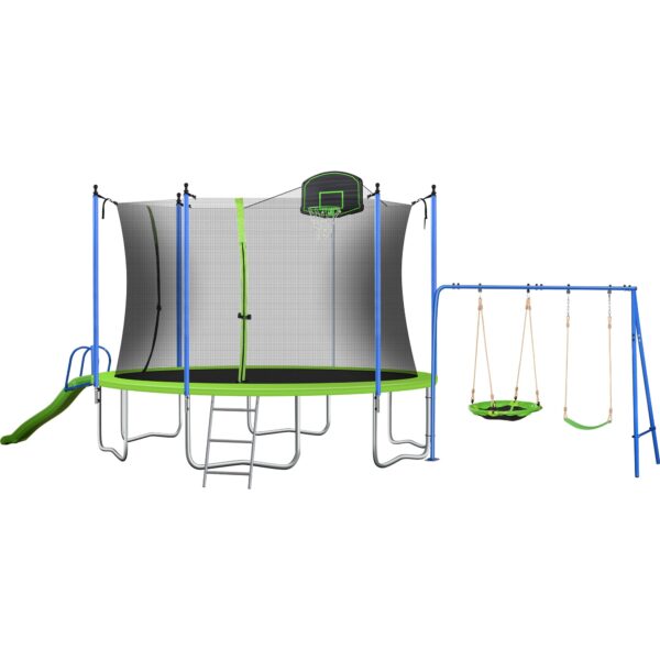 LISUEYNE 12ft Trampoline with Slide and Swing,Recreational Trampoline with Basketball Hoop and Ladder,Outdoor Fitness Trampoline for Kids Adults,1000 LBS Weight Capacity