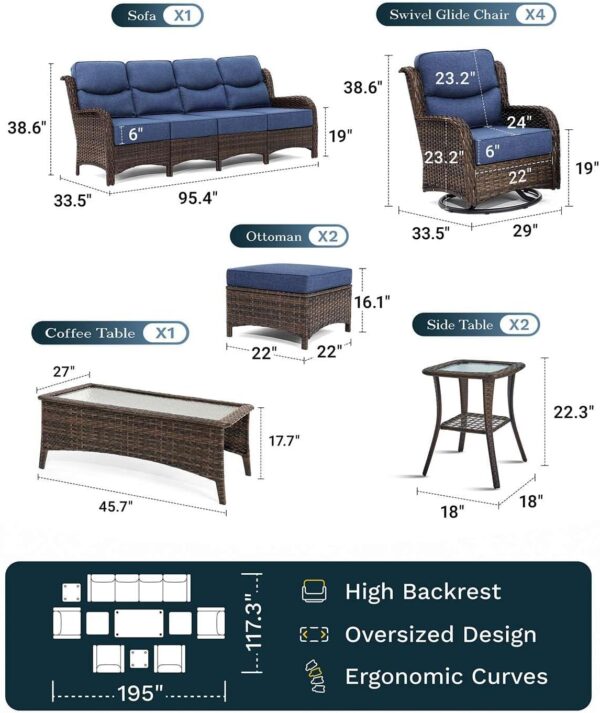 204c8d06899b4b499ffcf14ada6e9a86 Outdoor Swivel Rocker Patio Chairs with 6-Inch Thick Cushions and Side Table, 3PCS High Back Wicker Patio Furniture Set for Porch, Balcony, Deck and Yard in Blue
